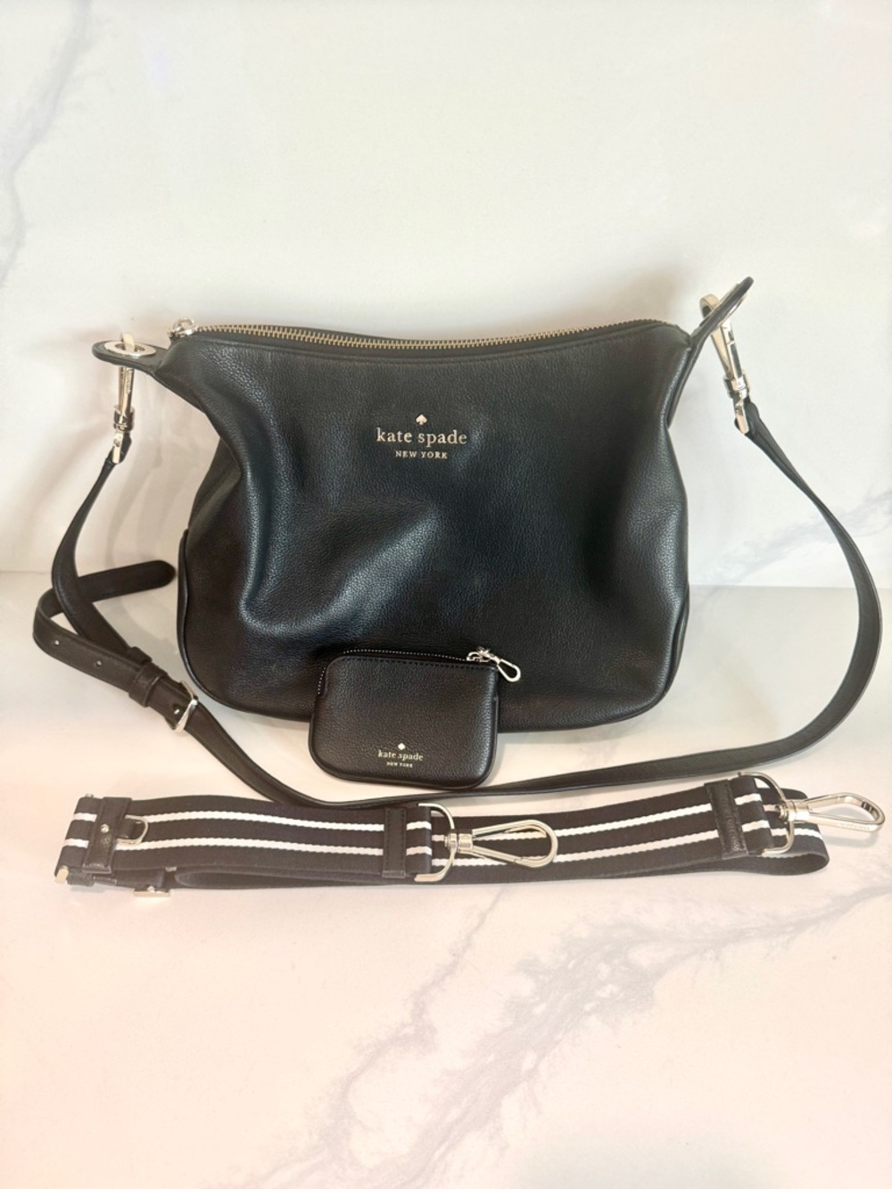 Kate Spade Black Leather Shoulder Bag with Coin Pouch